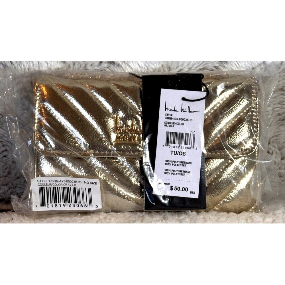 Nicole Miller Shoulder Bag Gold Quilted Logo Chain Strap Crossbody Purse New NWT